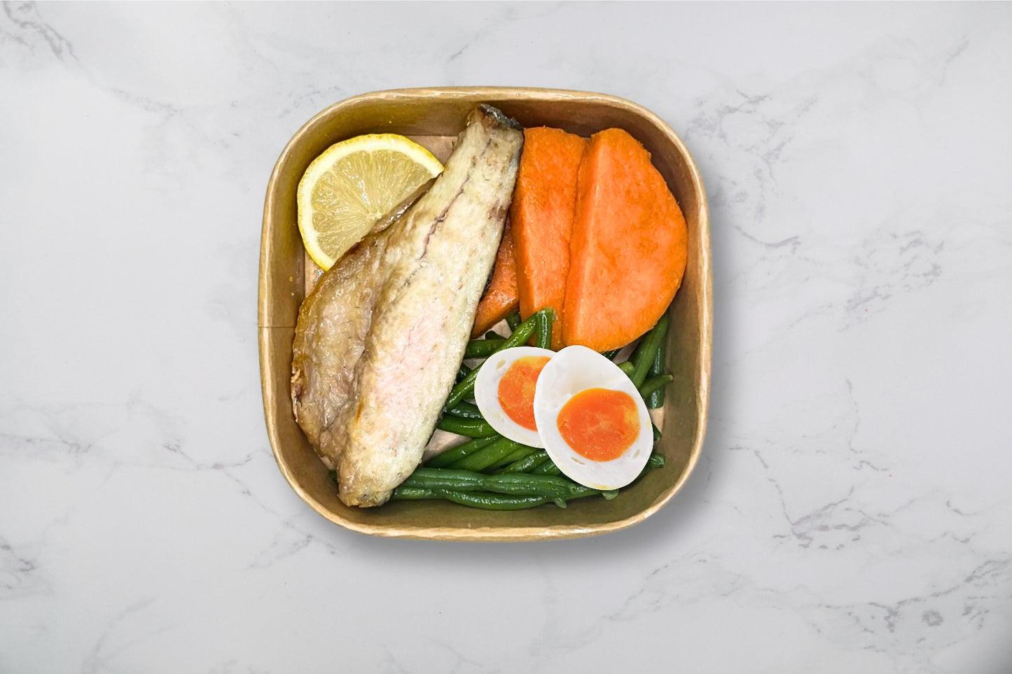 Seabass With Sweet Potato, Green Beans Egg