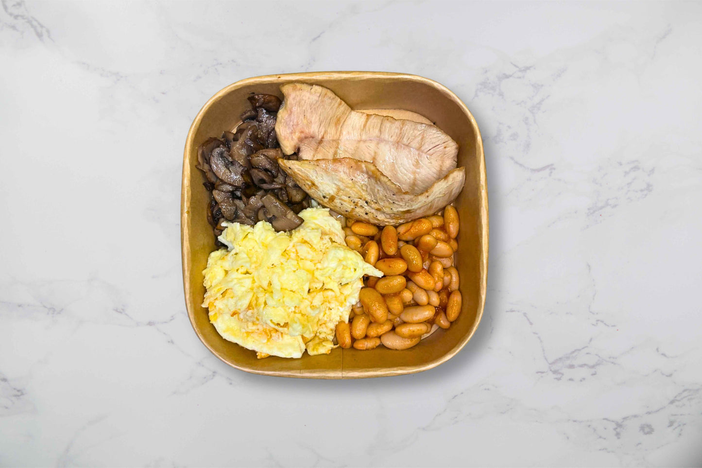 Turkey bacon, scrambled eggs, beans and mushrooms