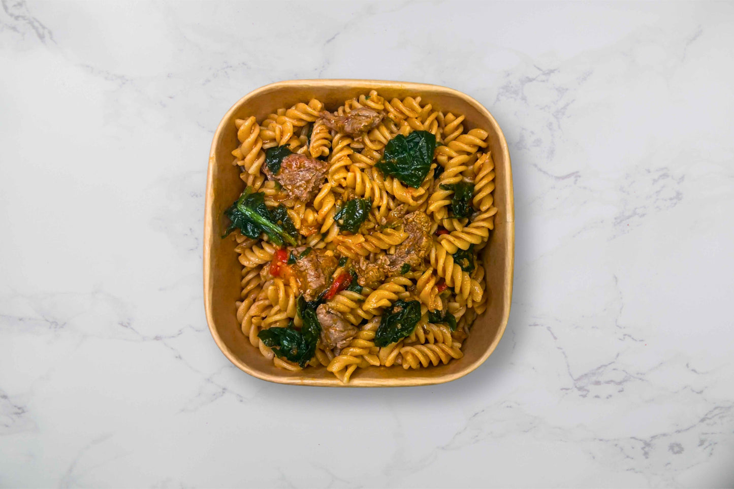 Wholemeal pasta beef strips