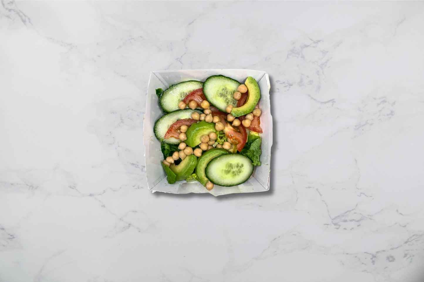 Lettuce, Tomato, chickpeas, avocado, cucumber