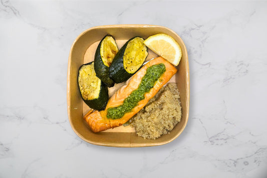 Salmon With Quinoa Courgette And Pesto