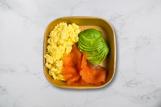 Scrambled eggs, salmon and avocado