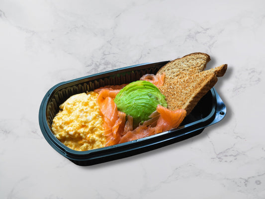 Scrambled eggs, salmon and avocado