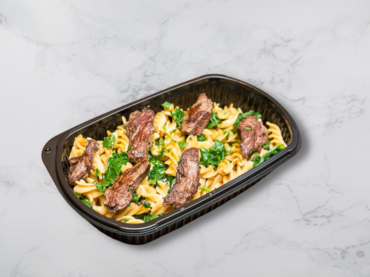 Wholemeal pasta beef strips